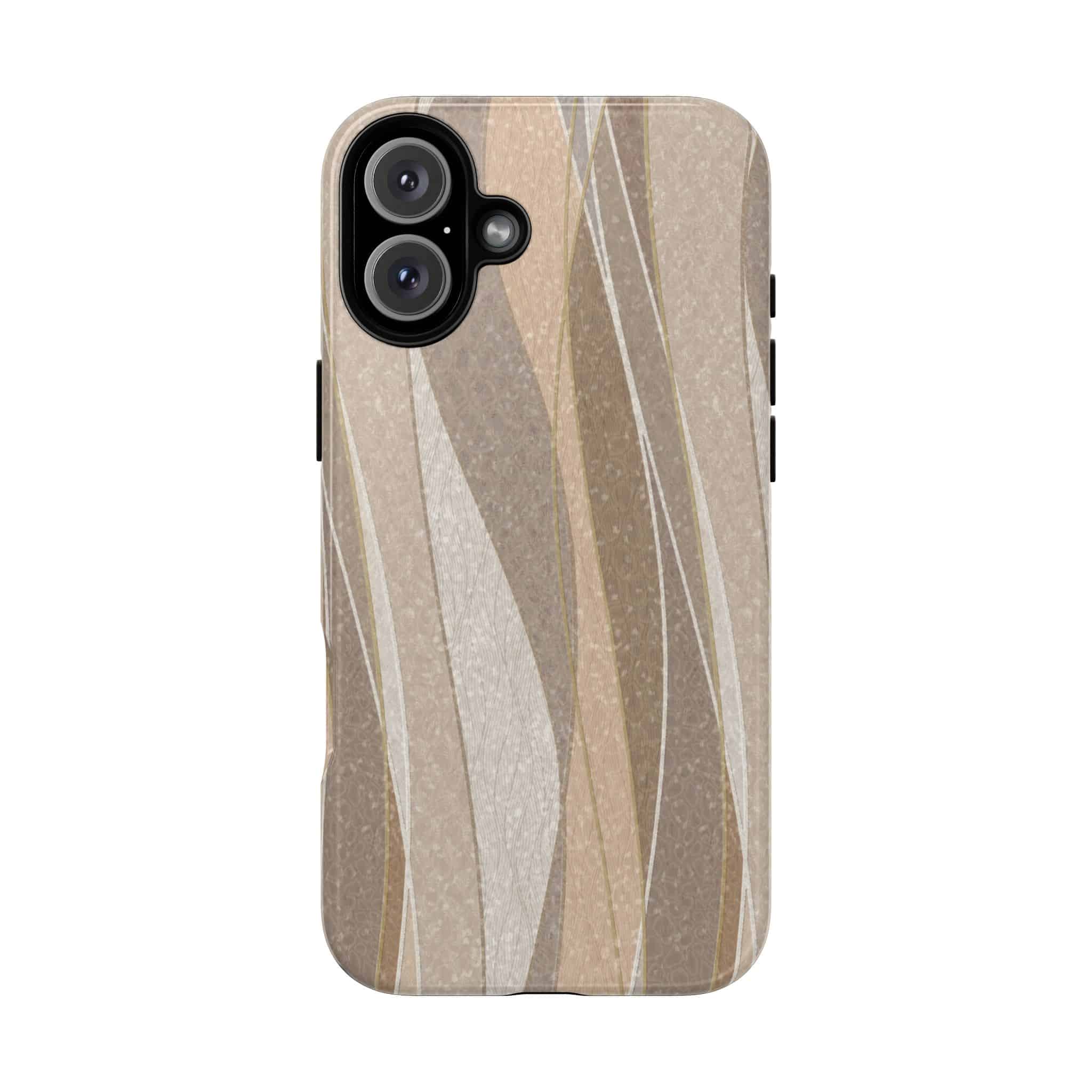 Phone case with abstract wave design in modern colors, shock-absorbing and wireless charging compatible